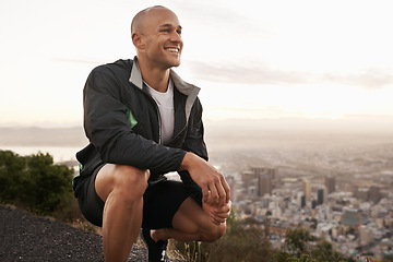 Image showing Happy man, mountain and fitness in nature by the city for workout, exercise or outdoor training. Young male person or athlete with smile for running, break or rest on road, street or cliff on mockup