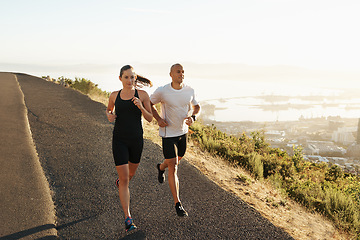 Image showing Road, running and woman with man for fitness, workout coach and race for healthy body. Exercise, wellness and girl runner with personal trainer, marathon and sports for outdoor training in morning.