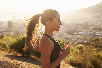 Image showing Workout, running and woman on road in mountain for health, wellness and strong body development. Fitness, exercise and girl runner on path in nature for marathon training, performance and challenge.