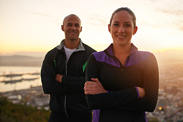 Image showing Fitness, portrait and happy couple in nature with arms crossed for training, exercise or sunset run. Sports, face and athletic people outdoor with pride for workout, wellness or running performance