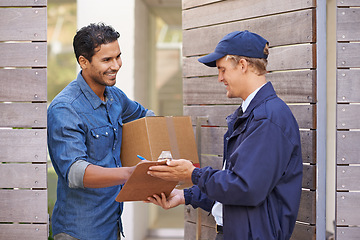 Image showing Delivery, sign and man in home with courier for shipping, logistics and online shopping with box. Ecommerce, paperwork and customer with signature for package, parcel and cargo receipt for service