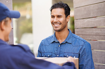 Image showing Delivery, happy and man in home with courier for shipping, logistics and online shopping with box. Ecommerce, supply chain and customer smile with package, parcel and cargo for distribution service