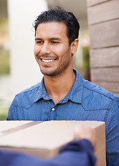 Image showing Delivery, happy and man in home with box for shipping, logistics and online shopping with courier. Ecommerce, supply chain and customer with package, parcel and cargo for distribution service