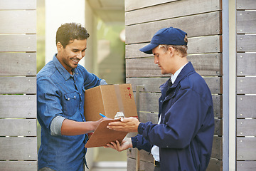 Image showing Delivery, sign and man in home with box for shipping, logistics and online shopping with courier. Ecommerce, paperwork and customer with signature for package, parcel and cargo receipt for service