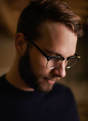Image showing Man, glasses and face with thinking for eyewear, contemplate or observe for idea and geek. Young male person and handsome for thoughtful, looking or concentrate for serious and alone for ponder