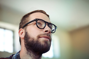 Image showing Thinking, man with glasses and vision, inspiration for ideas and reflection with choice or decision for future. Insight, wisdom and thoughtful with mindfulness, brainstorming and problem solving