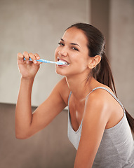 Image showing Health, bathroom and portrait of woman with toothbrush for cleaning, oral hygiene and dental care in home. Toothpaste, healthcare and person brushing teeth for whitening, wellness and grooming