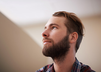 Image showing Thinking, reflection and man with inspiration for ideas, wonder or pensive about choice or decision for future. Insight, wisdom and thoughtful with mindfulness, brainstorming and problem solving