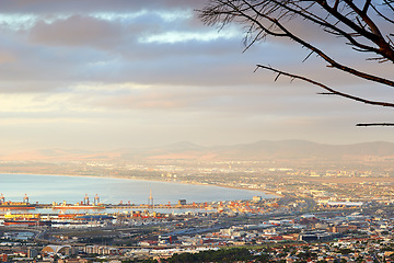 Image showing Cityscape, skyline and adventure in South Africa for travel, journey and nature of Cape Town. Landscape, sea and holiday or vacation for freedom, stadium and table mountain as location for tourists