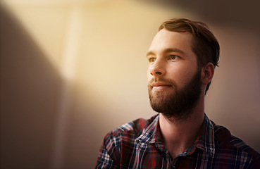 Image showing Thinking, mindfulness and man with inspiration for ideas, reflection or pensive about choice or decision for future. Insight, wisdom and thoughtful with memory, brainstorming and problem solving