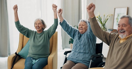 Image showing Senior people, friends and applause watching tv at home, living room and house during retirement together. Wheelchair, person with disability and elderly group in celebration, support and success