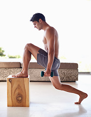 Image showing Fitness, box and dumbbell with body of man in home for workout or strong physical activity. Exercise, shirtless and lunges with confident young person training at apartment for health or wellness