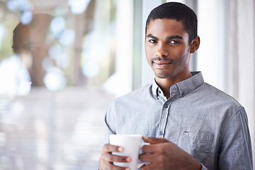 Image showing Black man, portrait and window with coffee for morning, beverage or creative startup at the office. African male person with smile for latte, cappuccino or cup of tea by glass wall at the workplace