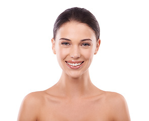 Image showing Face, natural beauty and happy woman in headshot, skincare and cosmetics with clean makeup on white background. Portrait, facial and dermatology with wellness, smooth skin and healthy glow in studio