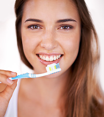 Image showing Smile, oral care and portrait of woman with toothbrush for health, wellness and clean routine for hygiene. Dental, happy and young female person with toothpaste for dentistry teeth or mouth treatment