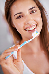 Image showing Oral care, happy and portrait of woman with toothbrush for health, wellness and clean routine for hygiene. Dental, smile and young female person with toothpaste for dentistry teeth or mouth treatment