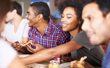 Image showing Friends, group and eating of pizza in house with happiness, soda and social gathering for bonding in dining room. Men, women and fast food with smile, drinks and diversity at table in lounge of home