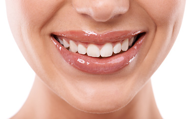 Image showing Closeup, lips and teeth with woman for beauty, makeup with gloss or oil for hydration and dental health in studio. Lip care, cosmetics and orthodontics, moisturizing and mouth on white background