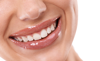 Image showing Closeup, mouth and teeth whitening with woman for beauty, makeup with gloss for hydration and dental health. Cosmetic, orthodontics and moisturizing for lips with oral hygiene on white background