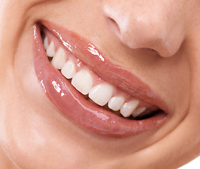 Image showing Closeup, studio and mouth of woman for teeth whitening and happy for cosmetic dental hygiene or orthodontics. Model, smile and grooming with dentist results, implant and invisible braces or veneers