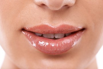 Image showing Closeup, mouth and shine with woman for beauty, makeup with gloss or oil for hydration and wellness. Lip care, cosmetics and teeth for dental health, treatment and moisturizing lips for dermatology