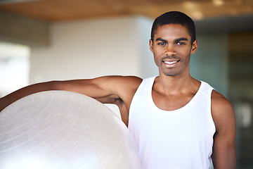 Image showing Black man, smile and portrait with fitness ball for pilates, cardio exercise or balance training. African person, gym equipment and face with happiness for workout, performance goals and healthy body