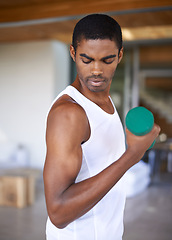 Image showing Black man, fitness and training with dumbbell for workout, bodybuilding and healthy body in home. Exercise, active and African person with equipment in house for lifting weights, wellness or strength