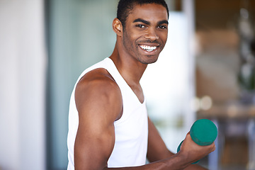 Image showing Black man, portrait and smile with dumbbell for exercise, bodybuilding and performance. African person, training and equipment with lifting weights for healthy body, bicep strength and wellness