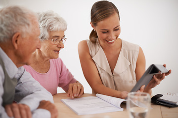 Image showing Finance, senior couple and advice for insurance on tablet, consulting and accountant for paperwork. Woman, elderly people and plan for retirement on app, asset management and discussion on investment