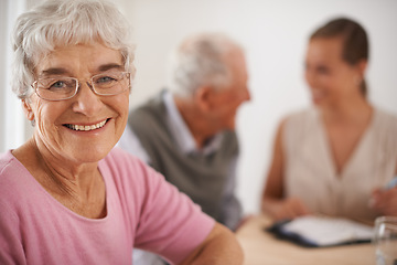 Image showing Senior, woman and happiness portrait in home with financial advisor for retirement planning or life insurance by table. Elderly, people and face with consultant for title deed and pension agreement