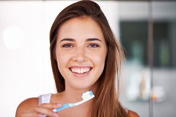 Image showing Smile, dental and portrait of woman with toothbrush for health, wellness and clean routine for hygiene. Oral care, happy and young female person with toothpaste for dentistry teeth or mouth treatment