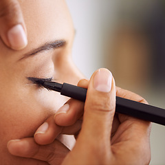 Image showing Woman, makeup and eyeliner with eye pencil for beauty, cosmetics or art at salon or spa. Closeup of female person or stylist applying shadow, contour or color product for facial treatment or glamour