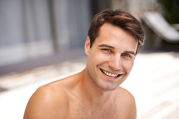 Image showing Happy, body and portrait of man in a backyard for sunbathing, relax or fresh air on summer vacation. Travel, face and male person at a resort for wellness, holiday or outdoor for tanning and chilling