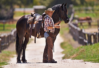 Image showing Cowboy, horse and happy in portrait in nature and together on western ranch in country. Trainer, face or smile by strong stallion of american quarter thoroughbred or pride for healthy animal on farm