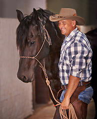 Image showing Cowboy, man and horse in stable with walk, care and love for growth, development and guide at farm. Person, animal or pet with smile, connection and bonding for wellness with nature at ranch in Texas