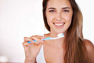 Image showing Happy, dental and portrait of woman with toothbrush for health, wellness and clean routine for hygiene. Oral care, smile and young female person with toothpaste for dentistry teeth or mouth treatment