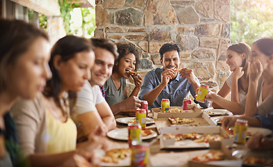 Image showing Friends, group and eating of pizza in house with happiness, soda and social gathering for bonding in dining room. Men, women and fast food with smile, drinks and diversity at table in lounge of home