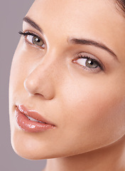 Image showing Beauty, dermatology and portrait of woman in studio for wellness, skincare and facial treatment. Luxury salon, spa and face closeup of person with makeup, cosmetics and healthy skin on background