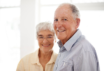 Image showing Couple, senior and happy in portrait on weekend, home and relax together for bonding and love. Elderly people, together and care in marriage or relationship in retirement, trust and security in house