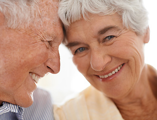 Image showing Couple, senior and forehead touch in portrait, home and relax together for bonding and smile. Elderly people, love and care in marriage or relationship in retirement, closeup and security in house