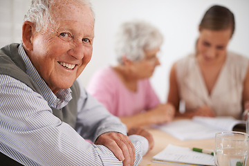 Image showing Senior, man and happiness portrait in home with financial advisor for retirement planning or life insurance by table. Elderly, people and face with consultant for title deed and pension agreement
