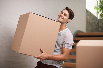 Image showing Man, moving boxes and new home by stairs with smile, fresh start and investment in real estate. Person, cardboard and package on steps in apartment, house and happy for rent, mortgage and property