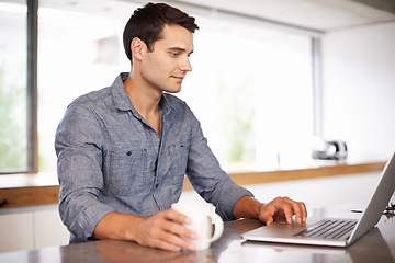 Image showing Home, coffee or man on laptop for research, article post or networking in a house for remote work. Email, drinking tea or person on typing online on technology for digital blog or news on website