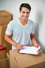 Image showing Man, package and portrait with clipboard for moving, delivery and documents for logistics, smile and invoice. Person, cardboard and boxes with paperwork for service, signature and stock in new house