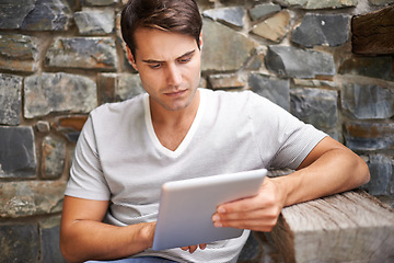 Image showing Tablet, search and man at a restaurant outdoor with website, menu or checking food, order or options. Digital, app and male person at a cafe with customer experience survey, review or online feedback