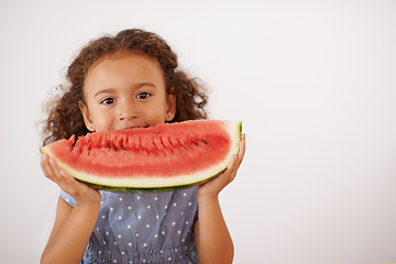 Image showing Eyes, portrait or girl with watermelon in studio for healthy, diet or wellness on grey background. Fruit, mockup or kid model face with gut health, nutrition or organic snack for digestion support