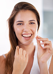 Image showing Happy, dental and portrait of woman with floss for health, wellness and clean routine for hygiene. Oral care, smile and female person with dentistry tool for teeth or mouth treatment in bathroom.