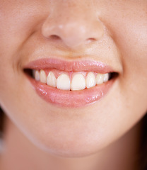 Image showing Dental, mouth and teeth with smile of woman closeup at dentist for oral hygiene appointment. Cleaning, tooth or whitening with happy person at orthodontist for checkup to prevent gum disease