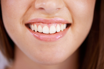 Image showing Smile, dental and closeup of woman teeth with health, wellness and clean routine for hygiene. Oral care, happy and zoom of young female person with dentistry mouth treatment for fresh breath.