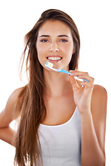 Image showing Smile, dental and portrait of woman with toothbrush for health, wellness and clean routine for hygiene. Oral care, happy and young female person with toothpaste for dentistry teeth or mouth treatment